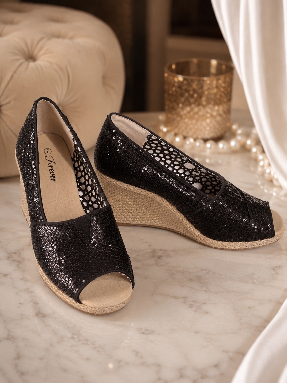 Forever Thankful Sequin Open Toe Wedge Pumps Y2K Womens SZ 7 Black Disco Party